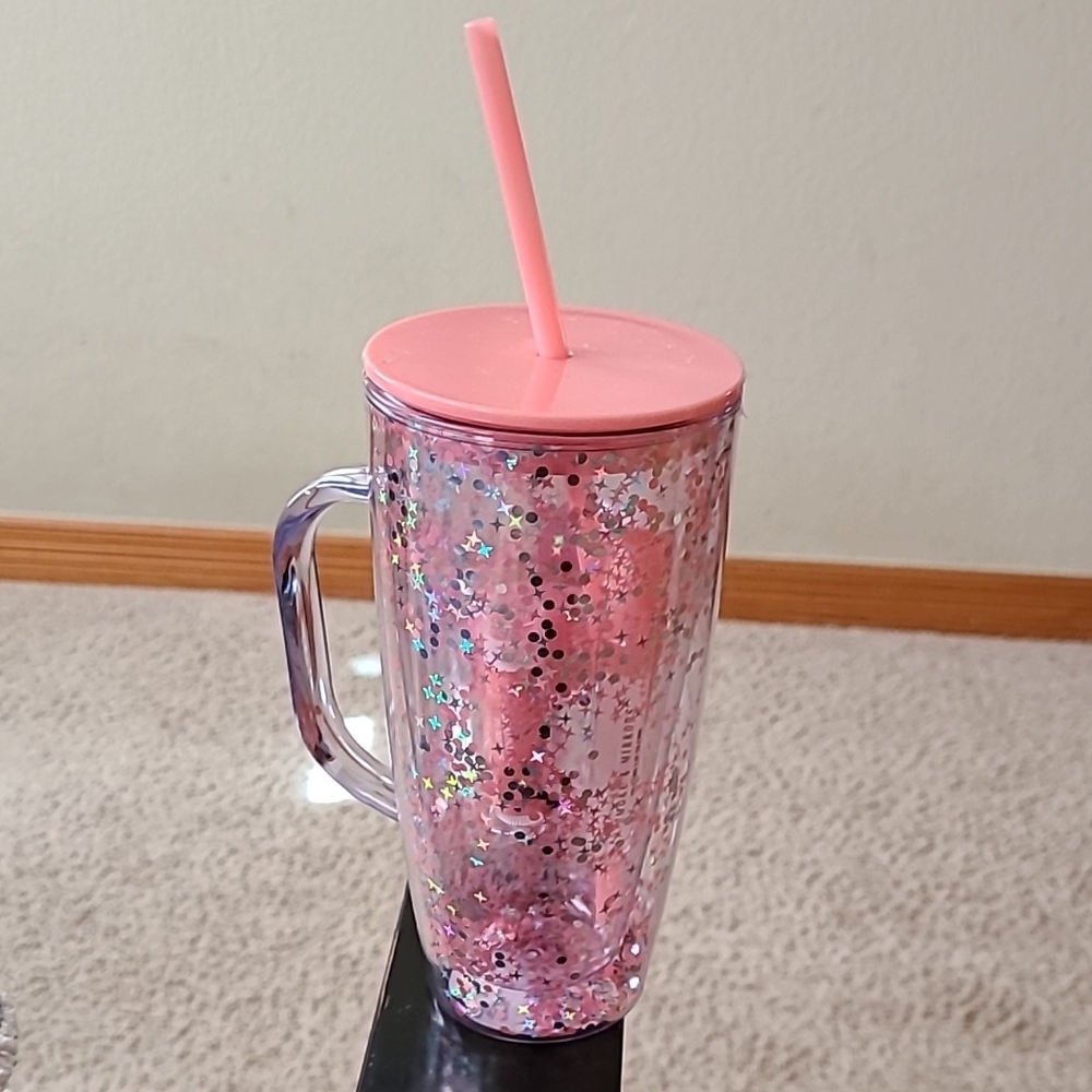 Pink Glitter Tumbler with Straw and Lip Accessories NWOT